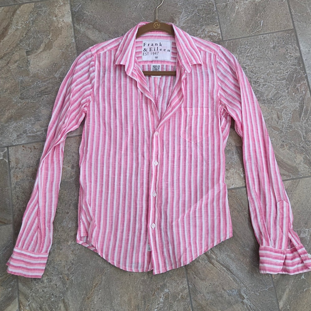 Frank &‎ Eileen Barry Pink White Striped Linen Button Up Shirt XS Woven in Italy